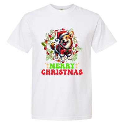 Snowflakes Xmas Gift Merry Christmas Corgi Santa Hat Lights Tree Garment-Dyed Heavyweight T-Shirt