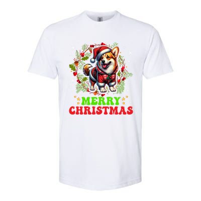 Snowflakes Xmas Gift Merry Christmas Corgi Santa Hat Lights Tree Softstyle CVC T-Shirt