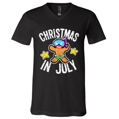 Summer Xmas Gingerbread Man Snorkel for Christmas in July V-Neck T-Shirt