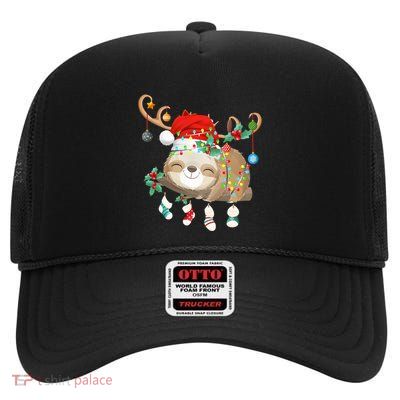 Sloths Xmas Gift Lighting Reindeer Santa Hat Sloth Christmas Cool Gift High Crown Mesh Back Trucker Hat