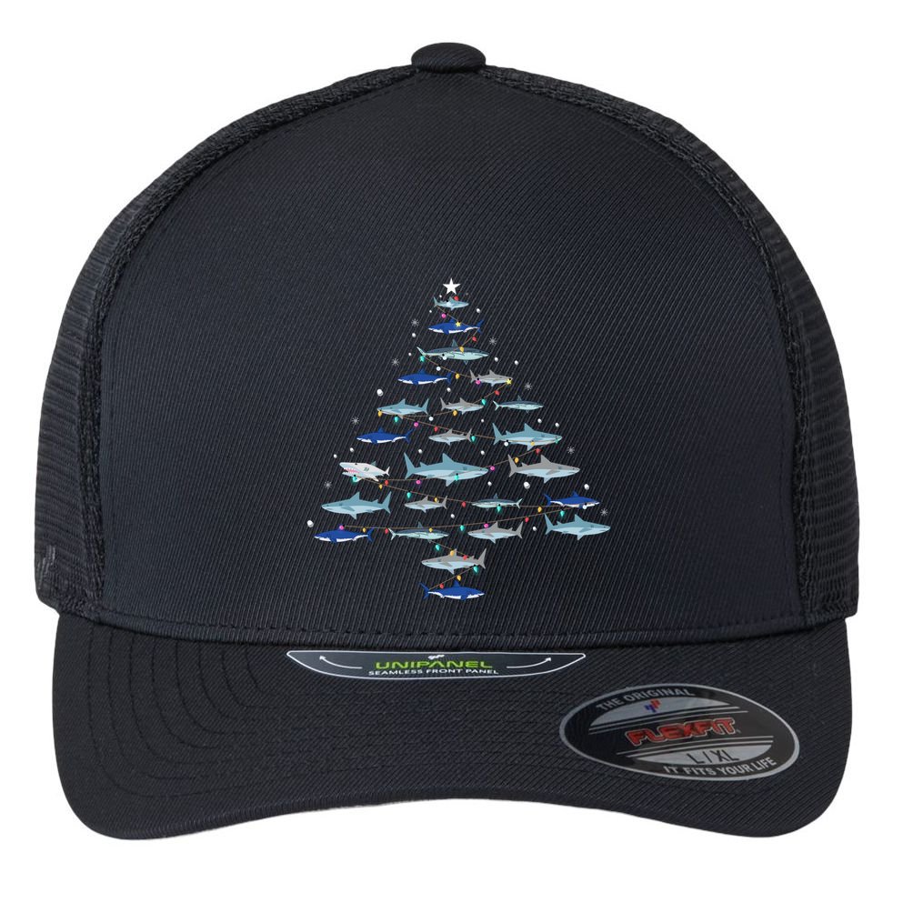 Shark Xmas Tree Holiday Gift Fishing Lover Funny Christmas Gift Flexfit Unipanel Trucker Cap