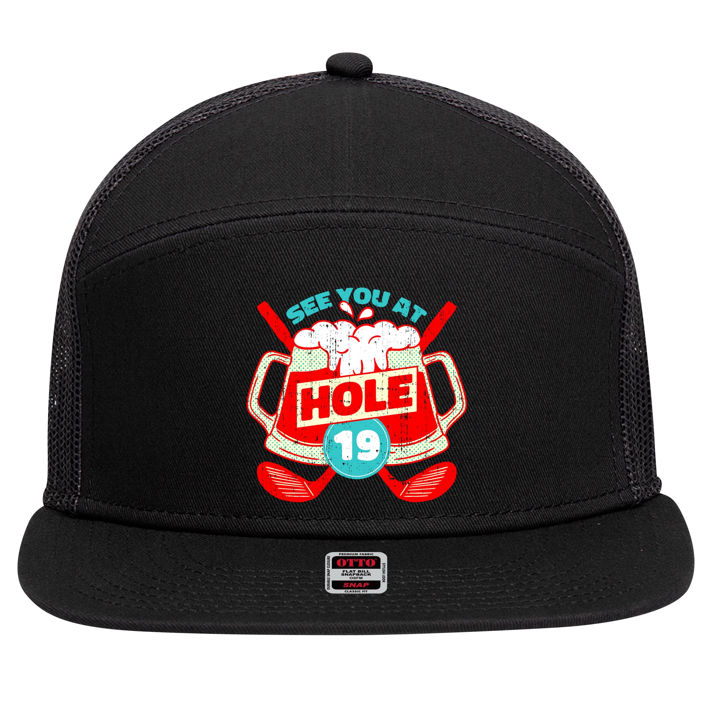 See You At Hole 19 Funny Golfer Golf Golfing 7 Panel Mesh Trucker Snapback Hat