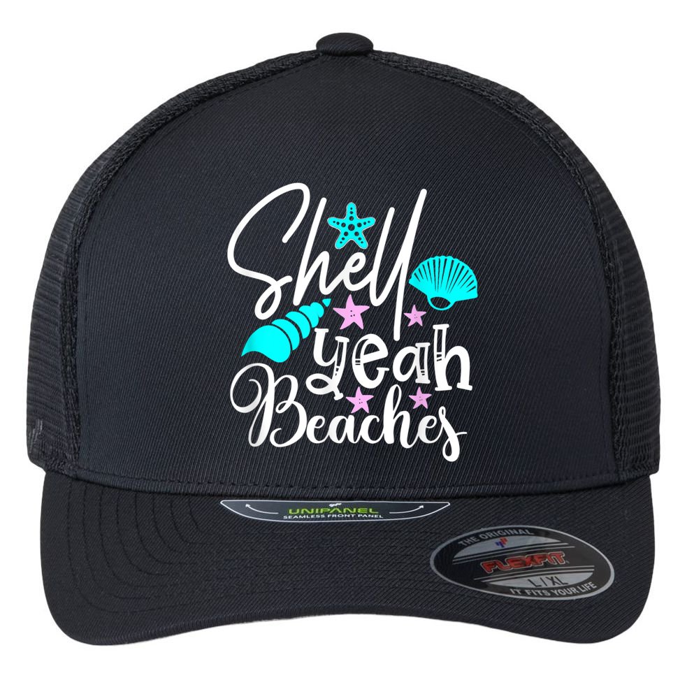 Shell Yeah Beaches Funny Beach Lover Beachcomber Shelling Flexfit Unipanel Trucker Cap