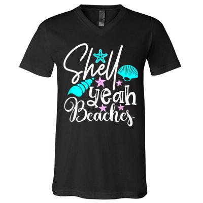 Shell Yeah Beaches Funny Beach Lover Beachcomber Shelling V-Neck T-Shirt