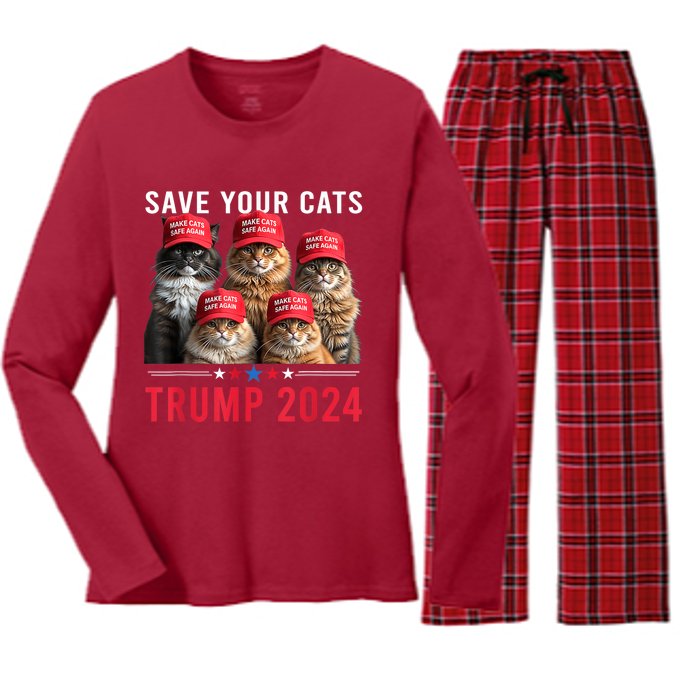 Save Your Cats Vote For Trump Red Hat 24 Election Trump 2024 Women's Long Sleeve Flannel Pajama Set 