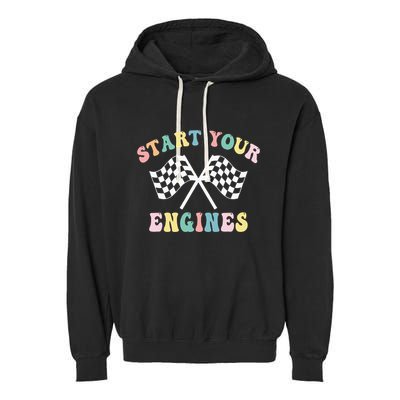 Start Your Engines Groovy Checkered Flag Retro Racing Garment-Dyed Fleece Hoodie