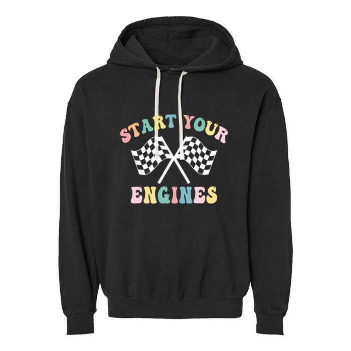 Start Your Engines Groovy Checkered Flag Retro Racing Garment-Dyed Fleece Hoodie