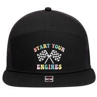 Start Your Engines Groovy Checkered Flag Retro Racing 7 Panel Mesh Trucker Snapback Hat