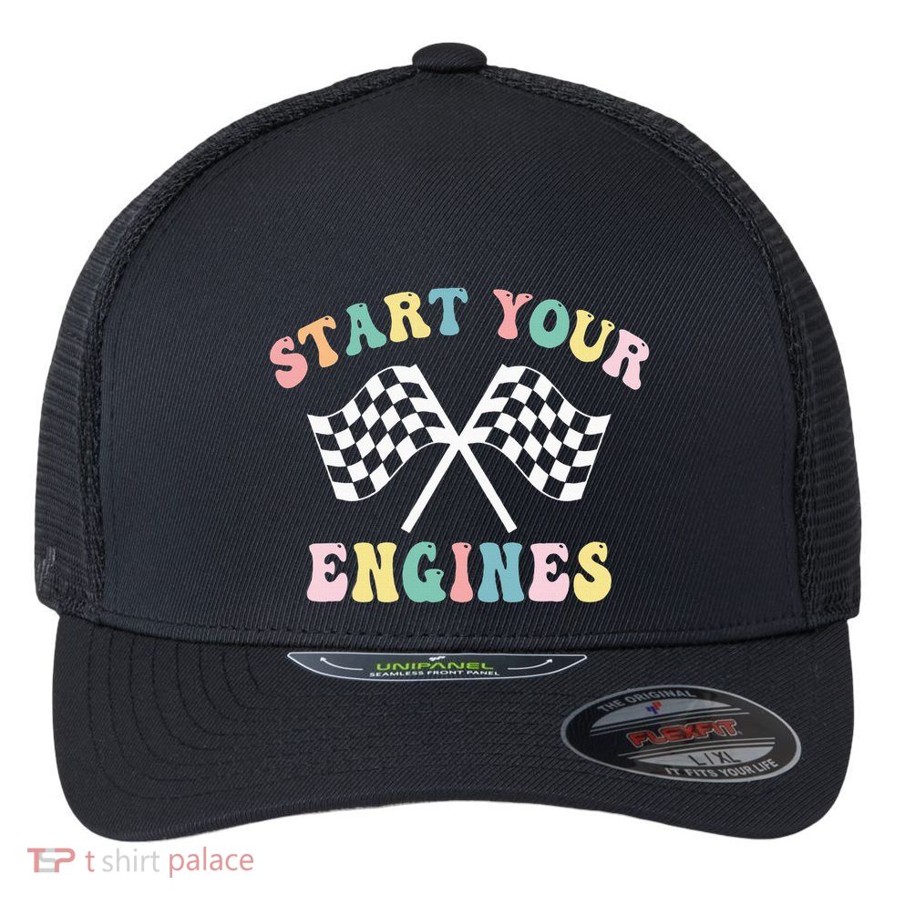 Start Your Engines Groovy Checkered Flag Retro Racing Flexfit Unipanel Trucker Cap