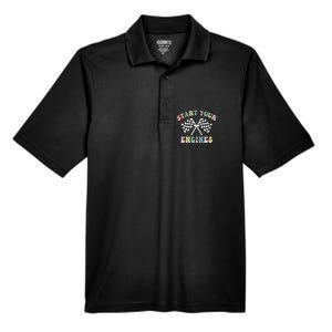 Start Your Engines Groovy Checkered Flag Retro Racing Men's Origin Performance Pique Polo