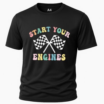 Start Your Engines Groovy Checkered Flag Retro Racing Performance Shirt