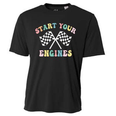 Start Your Engines Groovy Checkered Flag Retro Racing Cooling Performance Crew T-Shirt