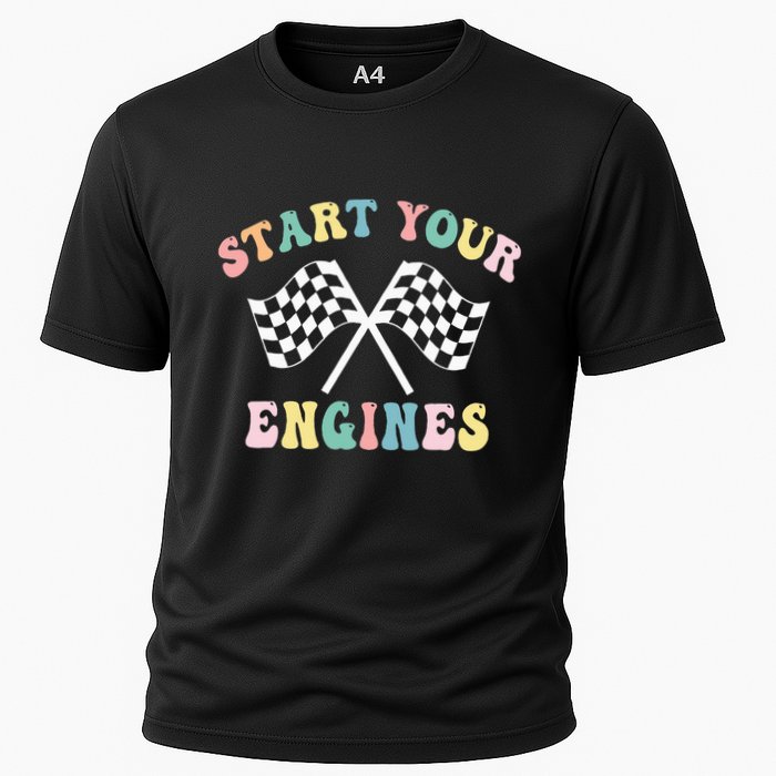 Start Your Engines Groovy Checkered Flag Retro Racing Performance Shirt