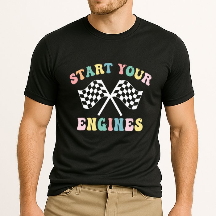 Start Your Engines Groovy Checkered Flag Retro Racing Performance Shirt
