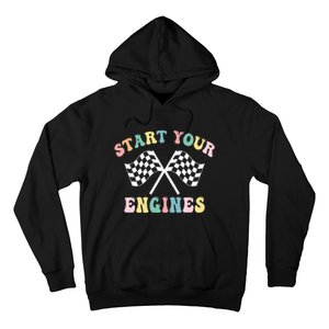 Start Your Engines Groovy Checkered Flag Retro Racing Hoodie