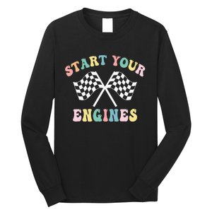 Start Your Engines Groovy Checkered Flag Retro Racing Long Sleeve Shirt