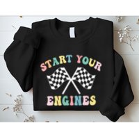 Start Your Engines Groovy Checkered Flag Retro Racing Sweatshirt