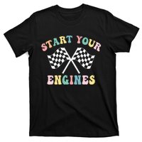 Start Your Engines Groovy Checkered Flag Retro Racing T-Shirt