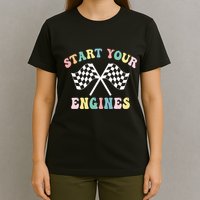 Start Your Engines Groovy Checkered Flag Retro Racing T-Shirt
