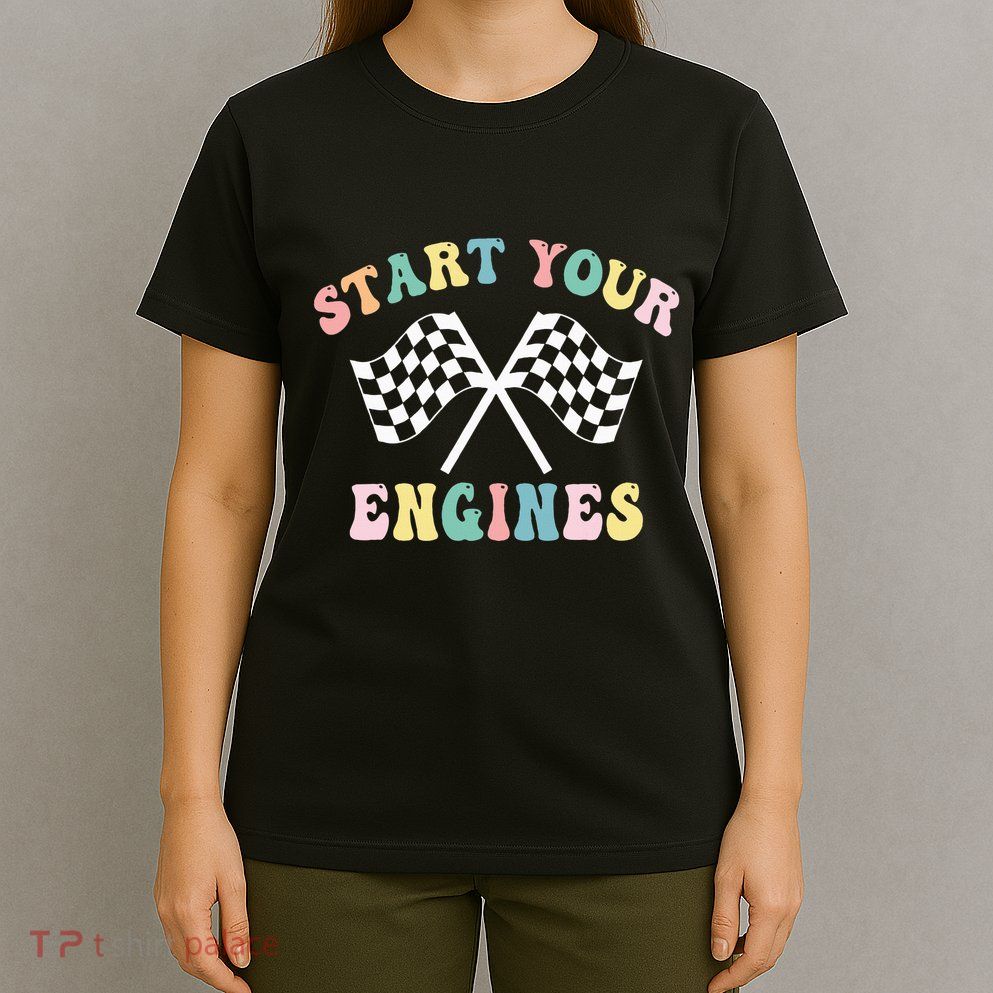 Start Your Engines Groovy Checkered Flag Retro Racing T-Shirt