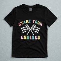 Start Your Engines Groovy Checkered Flag Retro Racing T-Shirt
