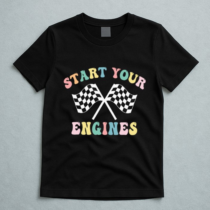 Start Your Engines Groovy Checkered Flag Retro Racing T-Shirt