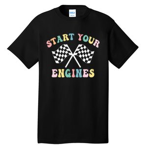 Start Your Engines Groovy Checkered Flag Retro Racing Tall T-Shirt