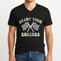 Start Your Engines Groovy Checkered Flag Retro Racing V-Neck T-Shirt