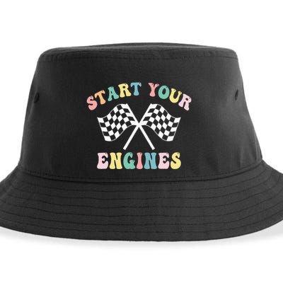 Start Your Engines Groovy Checkered Flag Retro Racing Sustainable Bucket Hat
