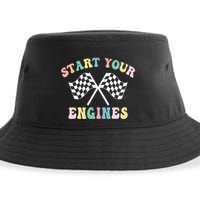 Start Your Engines Groovy Checkered Flag Retro Racing Sustainable Bucket Hat