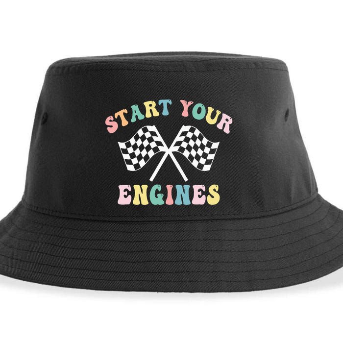 Start Your Engines Groovy Checkered Flag Retro Racing Sustainable Bucket Hat