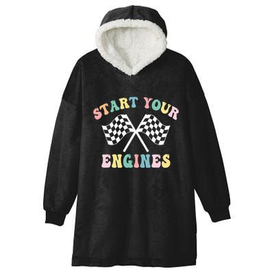 Start Your Engines Groovy Checkered Flag Retro Racing Hooded Wearable Blanket