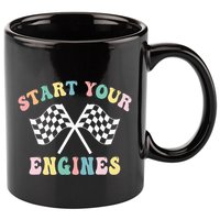 Start Your Engines Groovy Checkered Flag Retro Racing 11oz C Handle Ceramic Mug