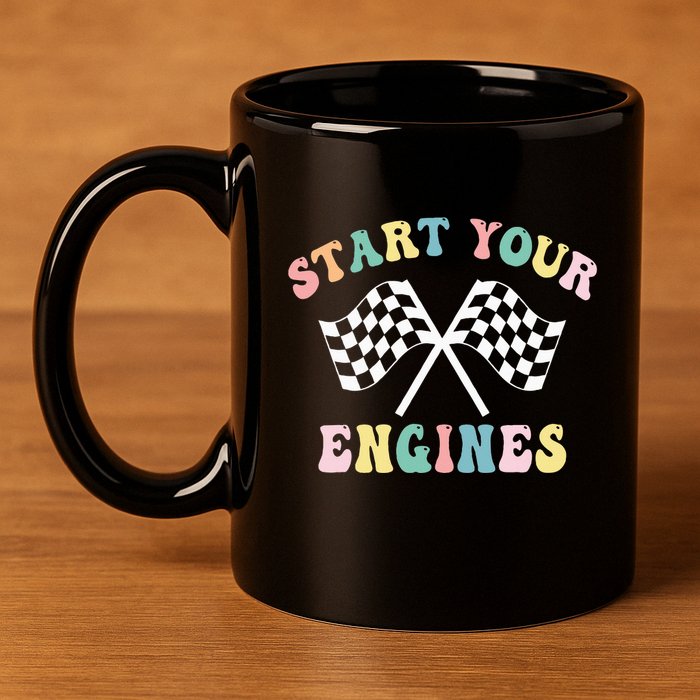 Start Your Engines Groovy Checkered Flag Retro Racing 11oz C Handle Ceramic Mug