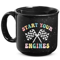 Start Your Engines Groovy Checkered Flag Retro Racing 15oz Campfire Ceramic Mug