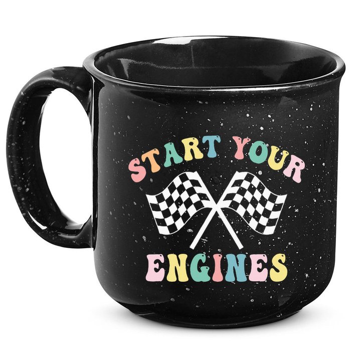 Start Your Engines Groovy Checkered Flag Retro Racing 15oz Campfire Ceramic Mug