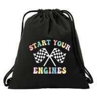 Start Your Engines Groovy Checkered Flag Retro Racing Drawstring Bag