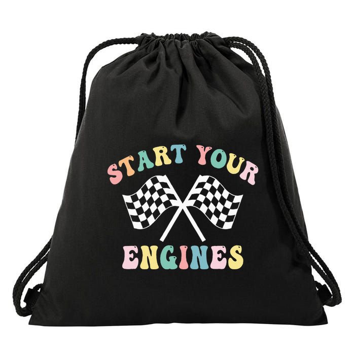 Start Your Engines Groovy Checkered Flag Retro Racing Drawstring Bag