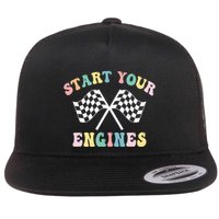 Start Your Engines Groovy Checkered Flag Retro Racing Flatbill Hat