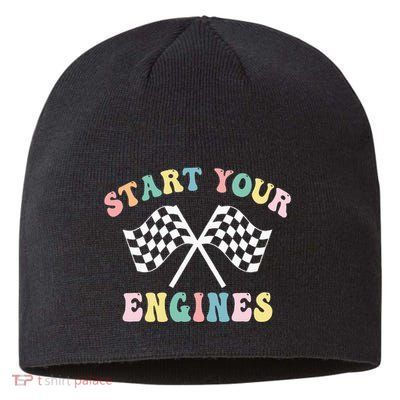 Start Your Engines Groovy Checkered Flag Retro Racing Sustainable Beanie