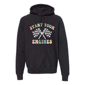 Start Your Engines Groovy Checkered Flag Retro Racing Premium Hoodie