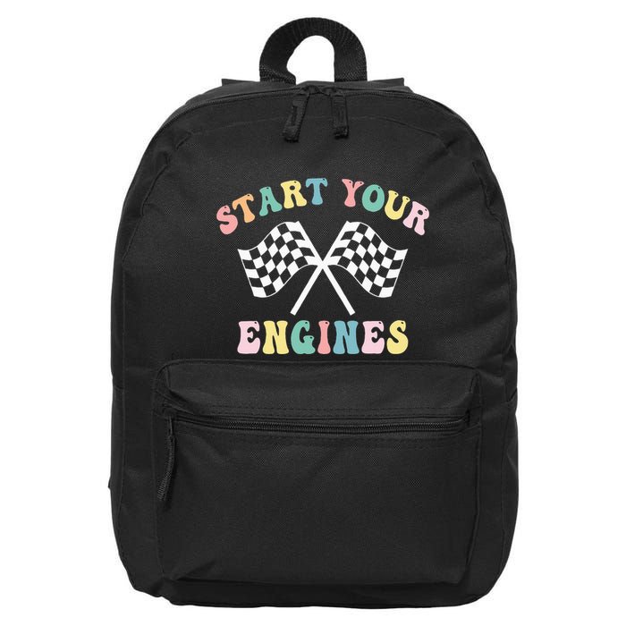 Start Your Engines Groovy Checkered Flag Retro Racing 16 in Basic Backpack