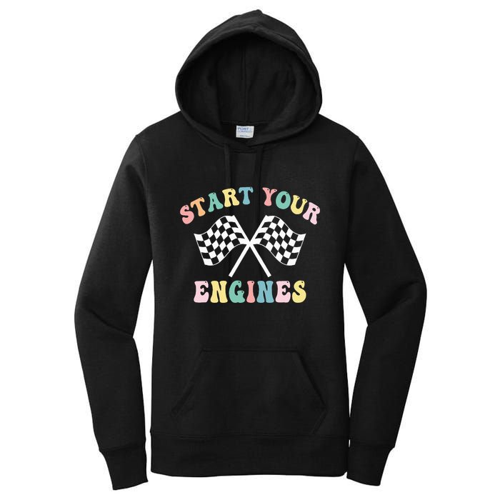 Start Your Engines Groovy Checkered Flag Retro Racing Women's Pullover Hoodie