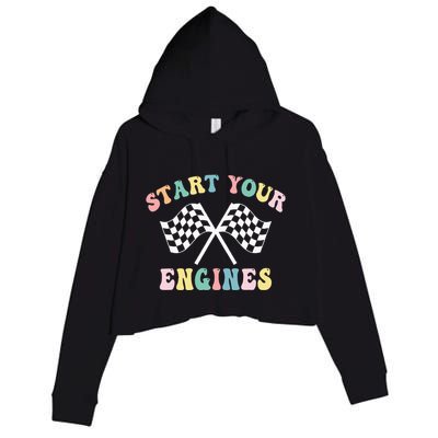 Start Your Engines Groovy Checkered Flag Retro Racing Crop Fleece Hoodie