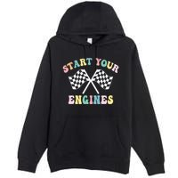 Start Your Engines Groovy Checkered Flag Retro Racing Premium Pullover Hoodie