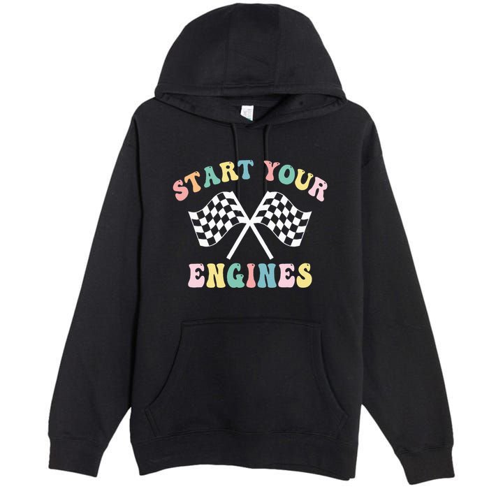Start Your Engines Groovy Checkered Flag Retro Racing Premium Pullover Hoodie