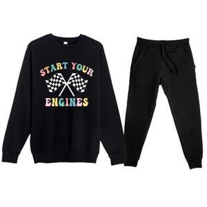 Start Your Engines Groovy Checkered Flag Retro Racing Premium Crewneck Sweatsuit Set