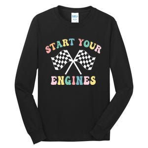 Start Your Engines Groovy Checkered Flag Retro Racing Tall Long Sleeve T-Shirt