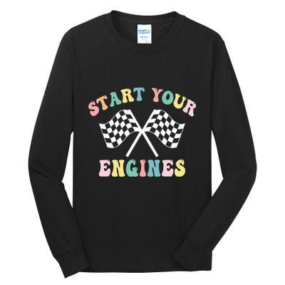 Start Your Engines Groovy Checkered Flag Retro Racing Tall Long Sleeve T-Shirt