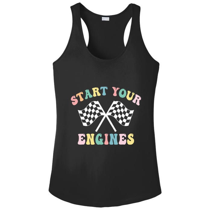 Start Your Engines Groovy Checkered Flag Retro Racing Ladies PosiCharge Competitor Racerback Tank